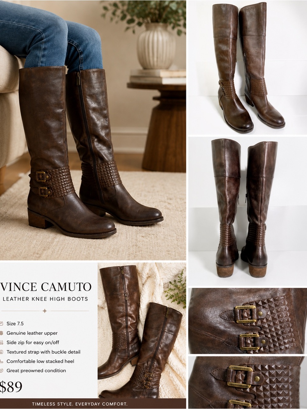 Vince Camuto Leather Knee High Boots 7.5 Brown Riding Buckle Fall Riding Style